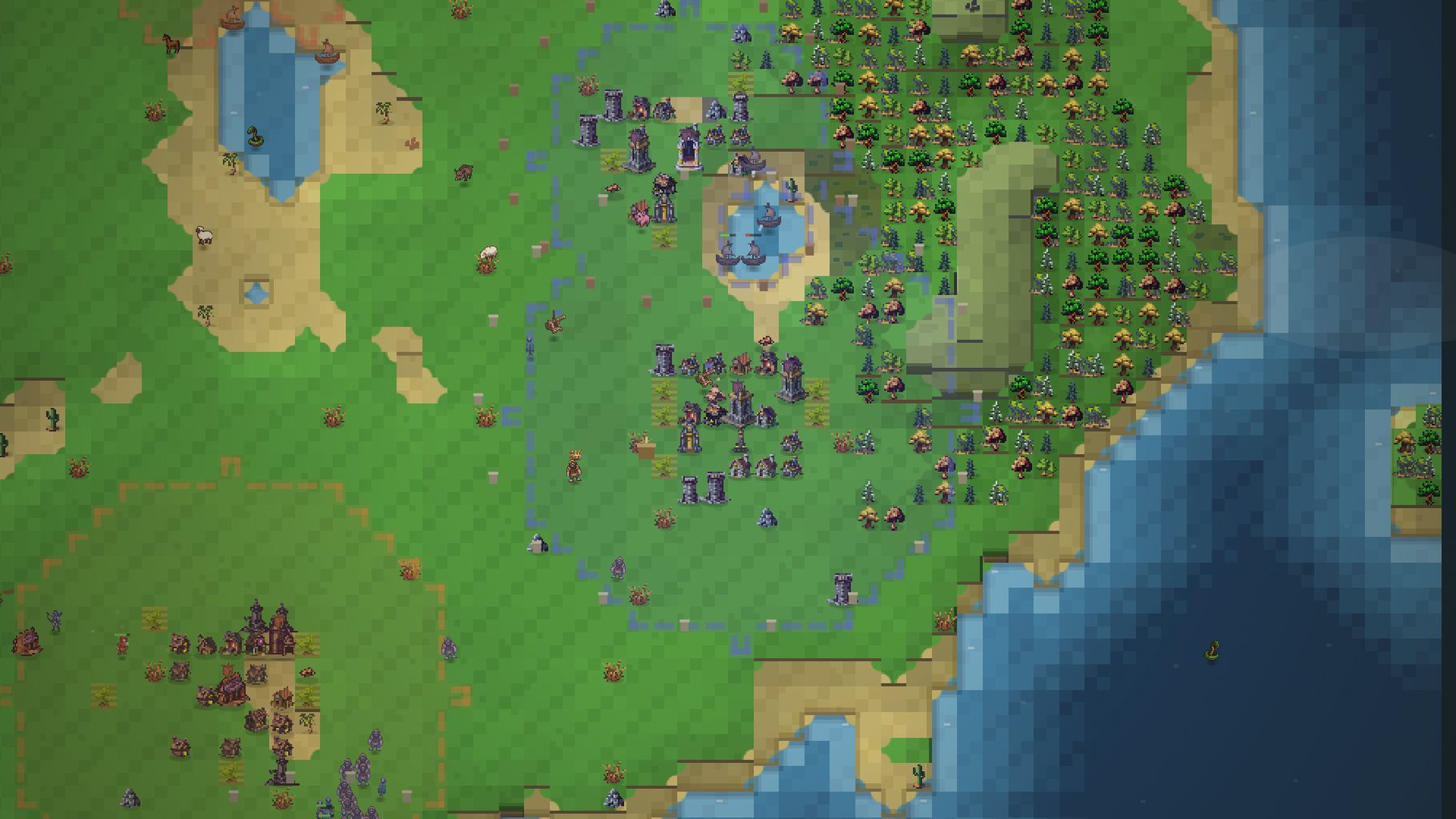 An Elderthread world: a walled settlement beside a lake, forests, roads and roaming peoples